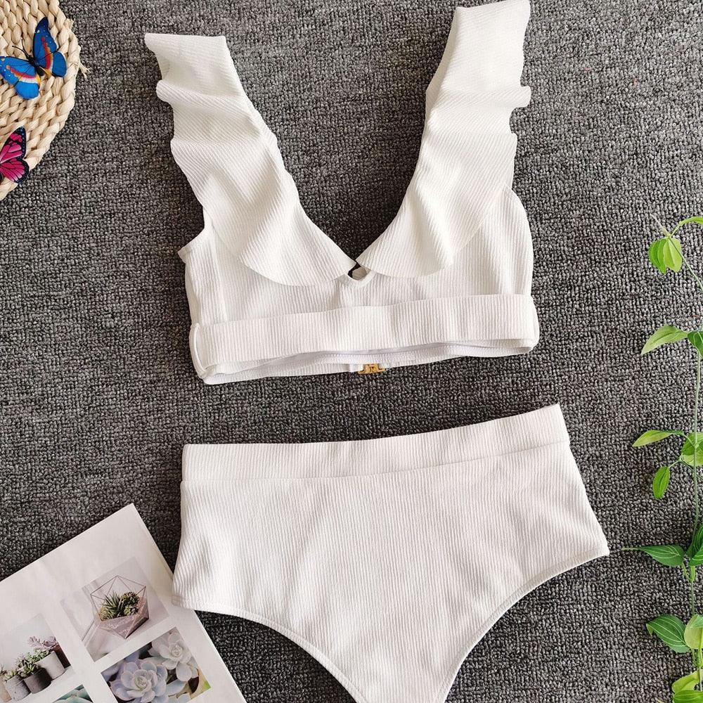 Bikini New 2 Piece Women Swimsuit Women's High Waist Bikini Set Fashion Puff Sleeve Swimwear Set Bathing Suits Solid Color Short Puff Sleeve Summer High Waist Cut Backless Bathing Suit Beachwear