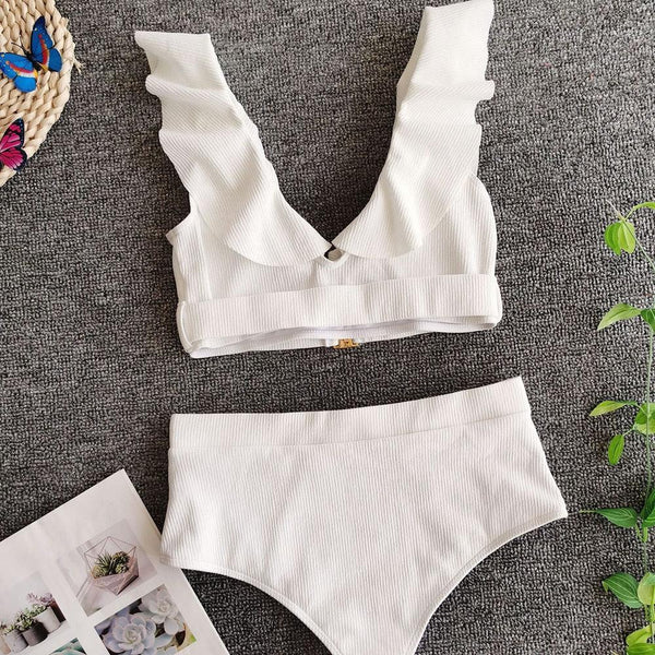 Bikini New 2 Piece Women Swimsuit Women's High Waist Bikini Set Fashion Puff Sleeve Swimwear Set Bathing Suits Solid Color Short Puff Sleeve Summer High Waist Cut Backless Bathing Suit Beachwear