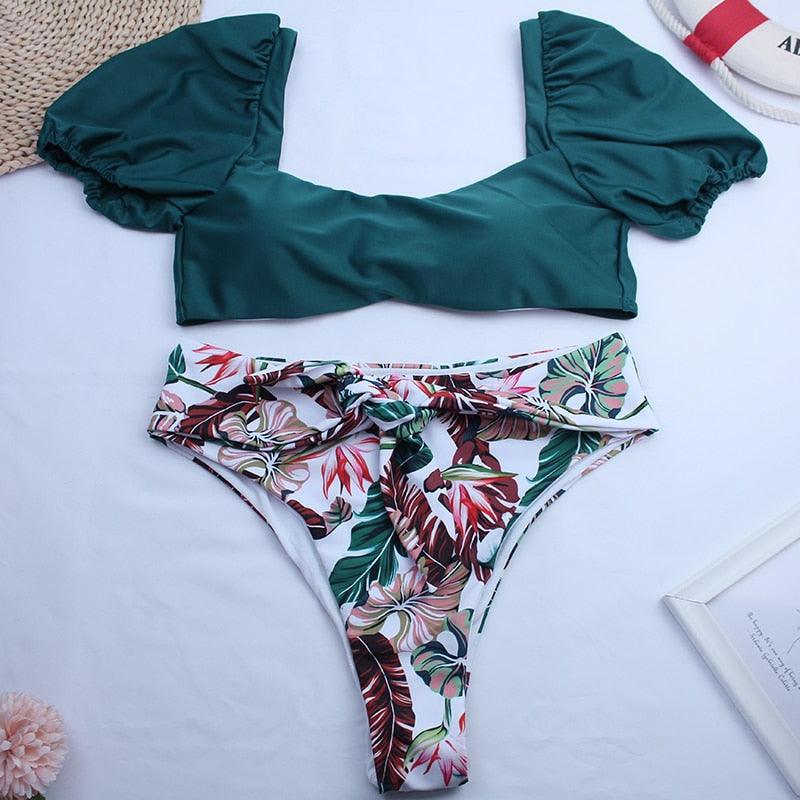 Bikini New 2 Piece Women Swimsuit Women's High Waist Bikini Set Fashion Puff Sleeve Swimwear Set Bathing Suits Solid Color Short Puff Sleeve Summer High Waist Cut Backless Bathing Suit Beachwear