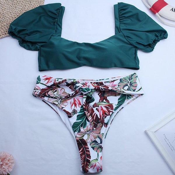 Bikini New 2 Piece Women Swimsuit Women's High Waist Bikini Set Fashion Puff Sleeve Swimwear Set Bathing Suits Solid Color Short Puff Sleeve Summer High Waist Cut Backless Bathing Suit Beachwear
