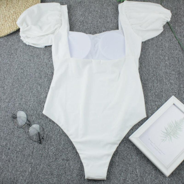 Bikini New 2 Piece Women Swimsuit Women's High Waist Bikini Set Fashion Puff Sleeve Swimwear Set Bathing Suits Solid Color Short Puff Sleeve Summer High Waist Cut Backless Bathing Suit Beachwear