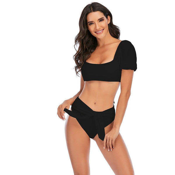 Bikini New 2 Piece Women Swimsuit Women's High Waist Bikini Set Fashion Puff Sleeve Swimwear Set Bathing Suits Solid Color Short Puff Sleeve Summer High Waist Cut Backless Bathing Suit Beachwear