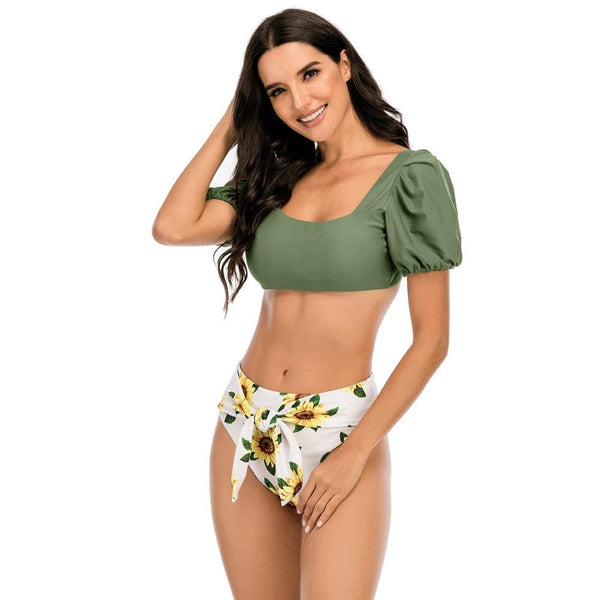 Bikini New 2 Piece Women Swimsuit Women's High Waist Bikini Set Fashion Puff Sleeve Swimwear Set Bathing Suits Solid Color Short Puff Sleeve Summer High Waist Cut Backless Bathing Suit Beachwear