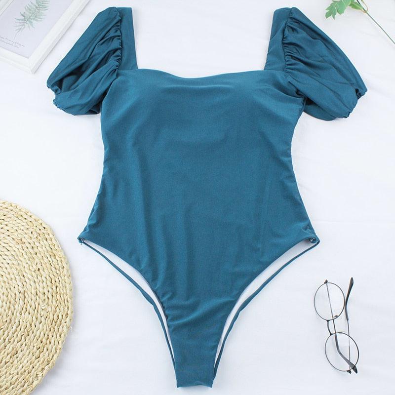 Bikini New 2 Piece Women Swimsuit Women's High Waist Bikini Set Fashion Puff Sleeve Swimwear Set Bathing Suits Solid Color Short Puff Sleeve Summer High Waist Cut Backless Bathing Suit Beachwear