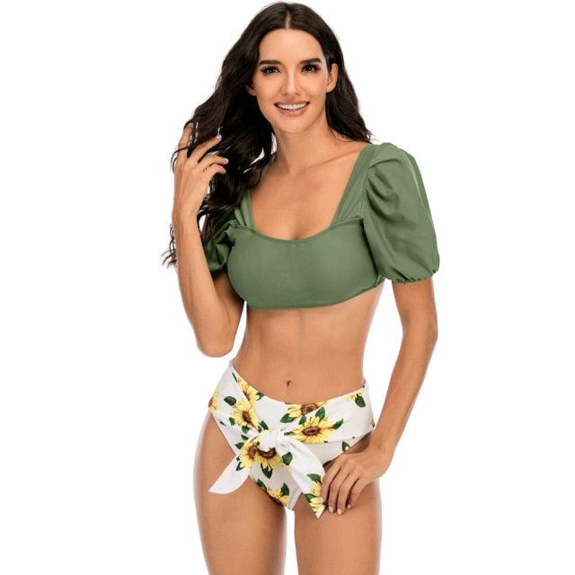 Bikini New 2 Piece Women Swimsuit Women's High Waist Bikini Set Fashion Puff Sleeve Swimwear Set Bathing Suits Solid Color Short Puff Sleeve Summer High Waist Cut Backless Bathing Suit Beachwear