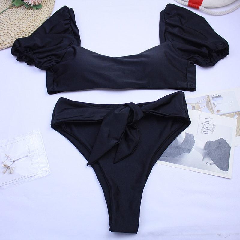 Bikini New 2 Piece Women Swimsuit Women's High Waist Bikini Set Fashion Puff Sleeve Swimwear Set Bathing Suits Solid Color Short Puff Sleeve Summer High Waist Cut Backless Bathing Suit Beachwear
