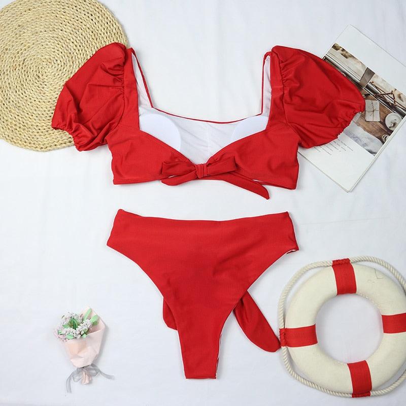 Bikini New 2 Piece Women Swimsuit Women's High Waist Bikini Set Fashion Puff Sleeve Swimwear Set Bathing Suits Solid Color Short Puff Sleeve Summer High Waist Cut Backless Bathing Suit Beachwear