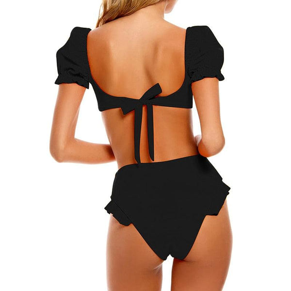 Bikini New 2 Piece Women Swimsuit Women's High Waist Bikini Set Fashion Puff Sleeve Swimwear Set Bathing Suits Solid Color Short Puff Sleeve Summer High Waist Cut Backless Bathing Suit Beachwear