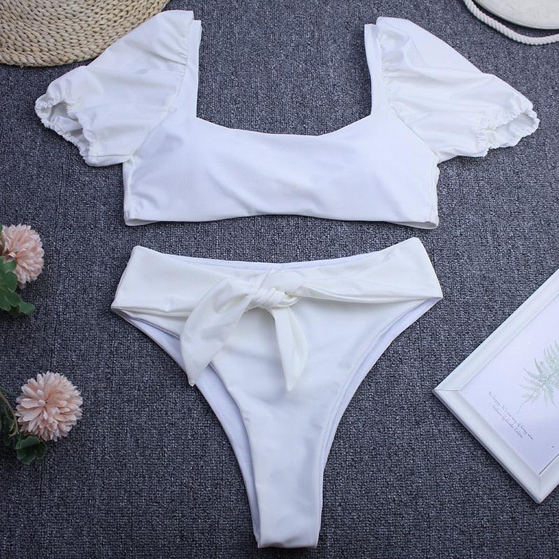 Bikini New 2 Piece Women Swimsuit Women's High Waist Bikini Set Fashion Puff Sleeve Swimwear Set Bathing Suits Solid Color Short Puff Sleeve Summer High Waist Cut Backless Bathing Suit Beachwear