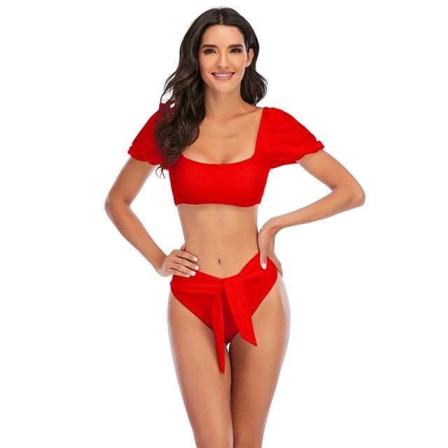 Bikini New 2 Piece Women Swimsuit Women's High Waist Bikini Set Fashion Puff Sleeve Swimwear Set Bathing Suits Solid Color Short Puff Sleeve Summer High Waist Cut Backless Bathing Suit Beachwear