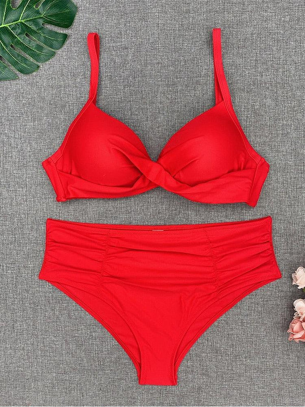 Bikini Sets Solid Color Swimsuit  Mid-Waist  Gather Cup Bikinis Women Swimwear Female Bathing Suits Beach wear  Two Piece Swimsuits Triangle Bikini swimsuits for Women