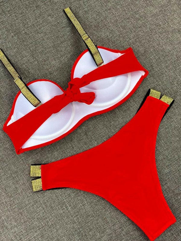 Bikini Sets Solid Color Swimsuit  Mid-Waist  Gather Cup Bikinis Women Swimwear Female Bathing Suits Beach wear  Two Piece Swimsuits Triangle Bikini swimsuits for Women
