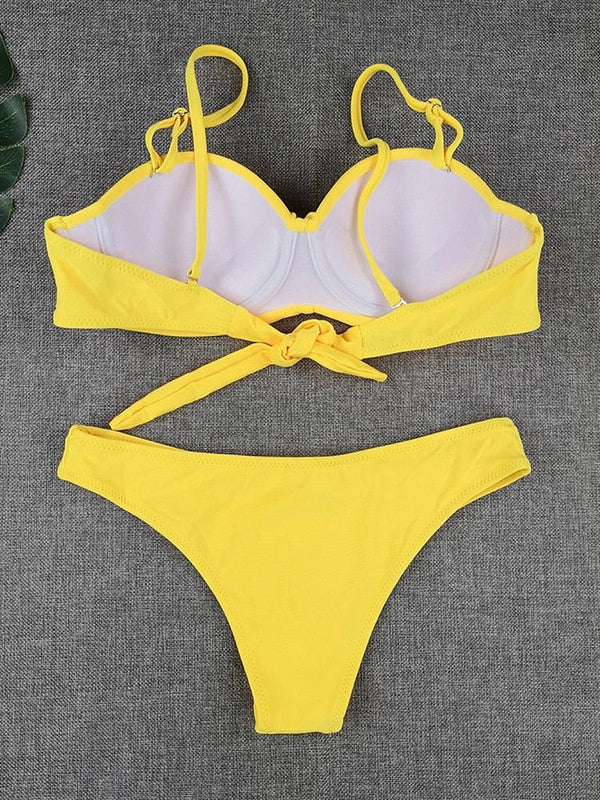 Bikini Sets Solid Color Swimsuit  Mid-Waist  Gather Cup Bikinis Women Swimwear Female Bathing Suits Beach wear  Two Piece Swimsuits Triangle Bikini swimsuits for Women