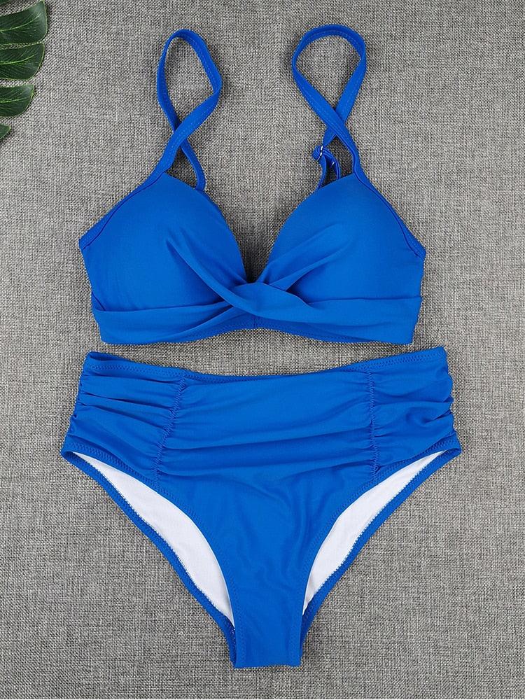 Bikini Sets Solid Color Swimsuit  Mid-Waist  Gather Cup Bikinis Women Swimwear Female Bathing Suits Beach wear  Two Piece Swimsuits Triangle Bikini swimsuits for Women