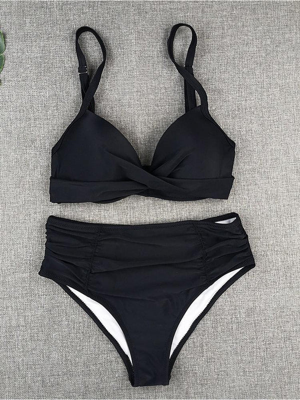 Bikini Sets Solid Color Swimsuit  Mid-Waist  Gather Cup Bikinis Women Swimwear Female Bathing Suits Beach wear  Two Piece Swimsuits Triangle Bikini swimsuits for Women