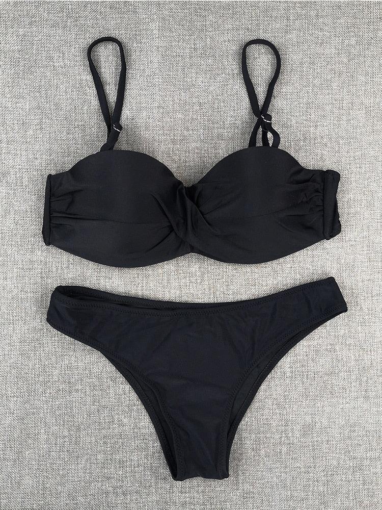 Bikini Sets Solid Color Swimsuit  Mid-Waist  Gather Cup Bikinis Women Swimwear Female Bathing Suits Beach wear  Two Piece Swimsuits Triangle Bikini swimsuits for Women