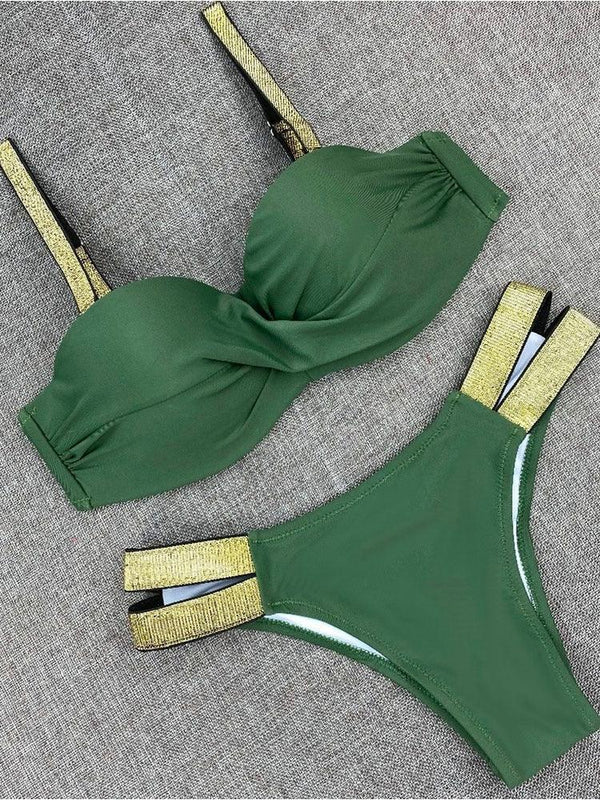 Bikini Sets Solid Color Swimsuit  Mid-Waist  Gather Cup Bikinis Women Swimwear Female Bathing Suits Beach wear  Two Piece Swimsuits Triangle Bikini swimsuits for Women