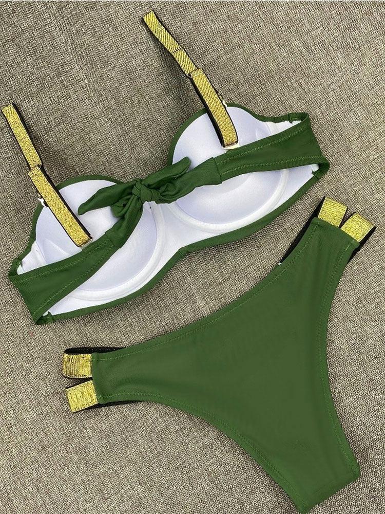 Bikini Sets Solid Color Swimsuit  Mid-Waist  Gather Cup Bikinis Women Swimwear Female Bathing Suits Beach wear  Two Piece Swimsuits Triangle Bikini swimsuits for Women