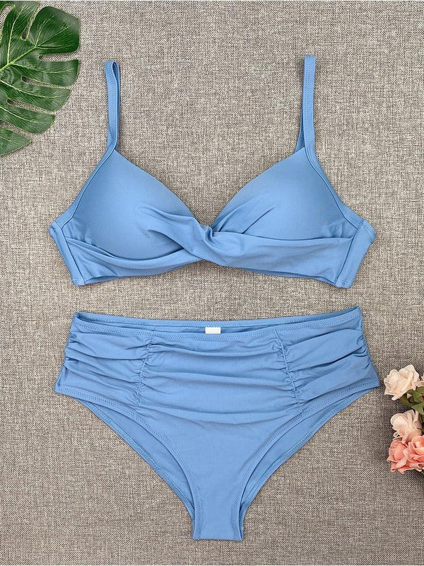 Bikini Sets Solid Color Swimsuit  Mid-Waist  Gather Cup Bikinis Women Swimwear Female Bathing Suits Beach wear  Two Piece Swimsuits Triangle Bikini swimsuits for Women