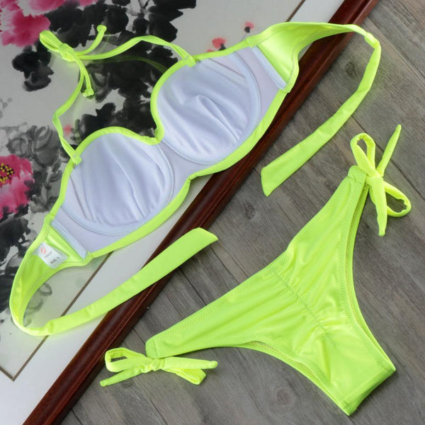 Bikini Solid Strappy Bandage Bikinis Set White Push Up Bikini Swimwear Swimsuit Bathing Suit Women's Ribbed Tie Bikini Adjustable Lace Up Bottom String Women Swimsuit