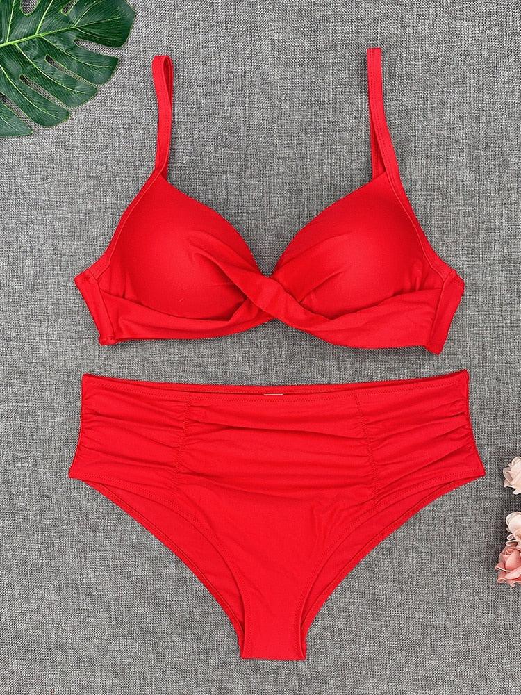 Bikini Swimwear Women High Waist Swimsuit Solid Color Bikini Set Women's Push Up Underwire Top Bottom Bikini Bathing Swimsuits Beach Wear Padded Push Up Bikini Set Female