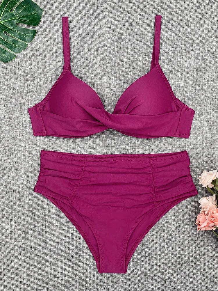 Bikini Swimwear Women High Waist Swimsuit Solid Color Bikini Set Women's Push Up Underwire Top Bottom Bikini Bathing Swimsuits Beach Wear Padded Push Up Bikini Set Female