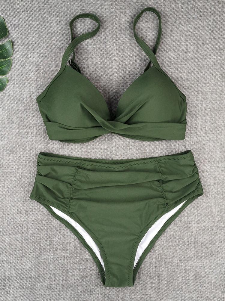 Bikini Swimwear Women High Waist Swimsuit Solid Color Bikini Set Women's Push Up Underwire Top Bottom Bikini Bathing Swimsuits Beach Wear Padded Push Up Bikini Set Female