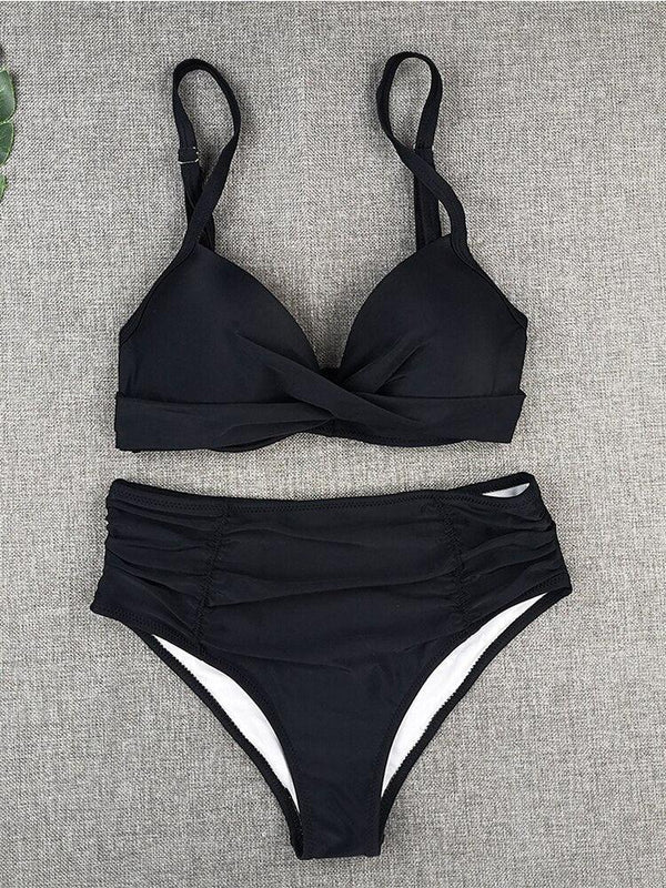 Bikini Swimwear Women High Waist Swimsuit Solid Color Bikini Set Women's Push Up Underwire Top Bottom Bikini Bathing Swimsuits Beach Wear Padded Push Up Bikini Set Female