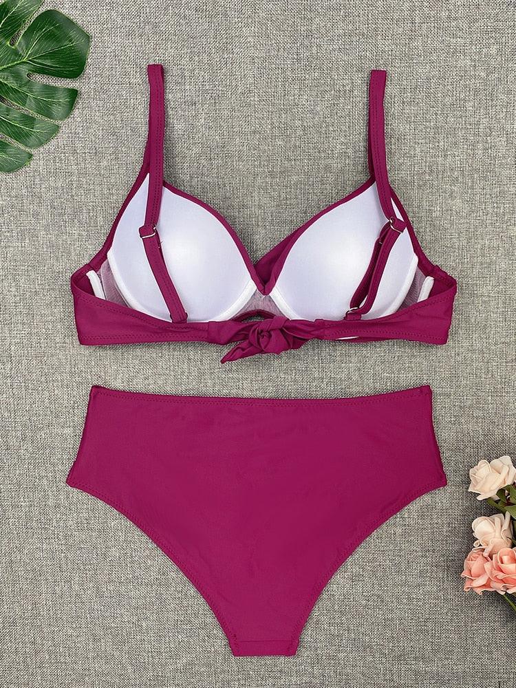 Bikini Swimwear Women High Waist Swimsuit Solid Color Bikini Set Women's Push Up Underwire Top Bottom Bikini Bathing Swimsuits Beach Wear Padded Push Up Bikini Set Female
