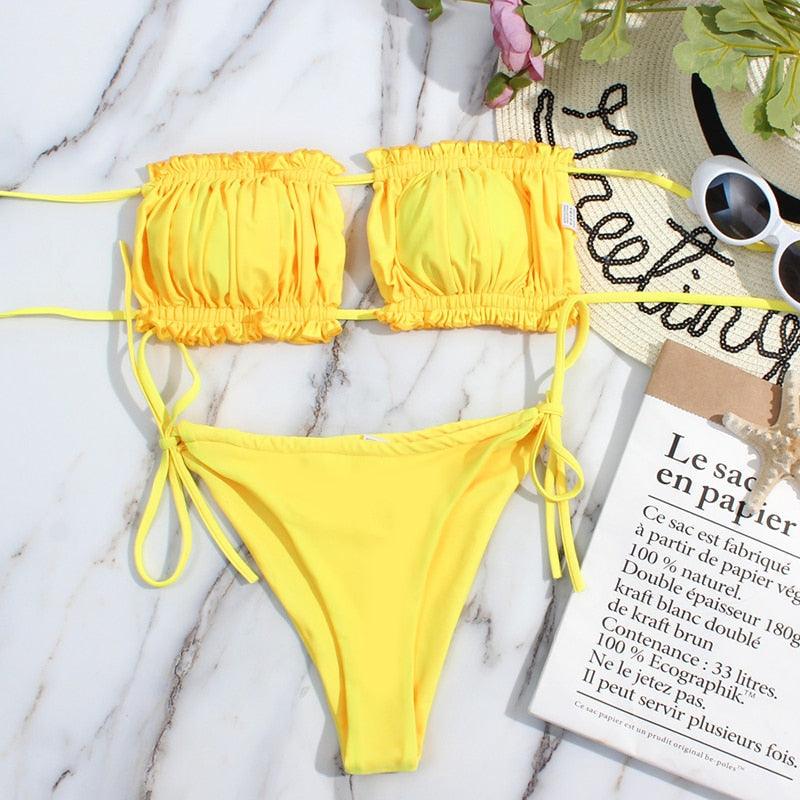 Bikini Women  Swimsuit Female Low Waist Swimwear Women Beach Mini Thong Bikini Set Bathing Suit Women Thong Swimsuits Strapless 2 Piece Bikini String Tie Ruffle Brazilian Bathing Suit