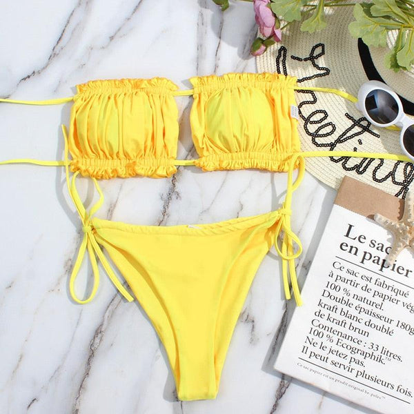 Bikini Women  Swimsuit Female Low Waist Swimwear Women Beach Mini Thong Bikini Set Bathing Suit Women Thong Swimsuits Strapless 2 Piece Bikini String Tie Ruffle Brazilian Bathing Suit