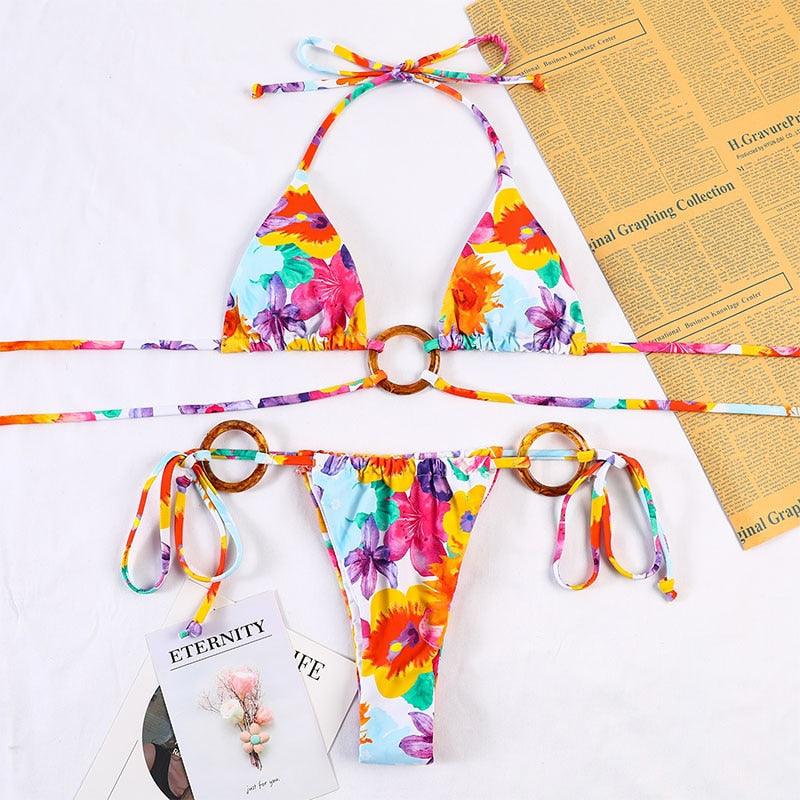 Bikinis Micro Adjustable Swimwear Women Summer Bikini Set Modern Colorful Print Beach Wear Women's Comfortable Swimsuit Knotted String Triangle Bikini Tie Side High Cut Bikini Set