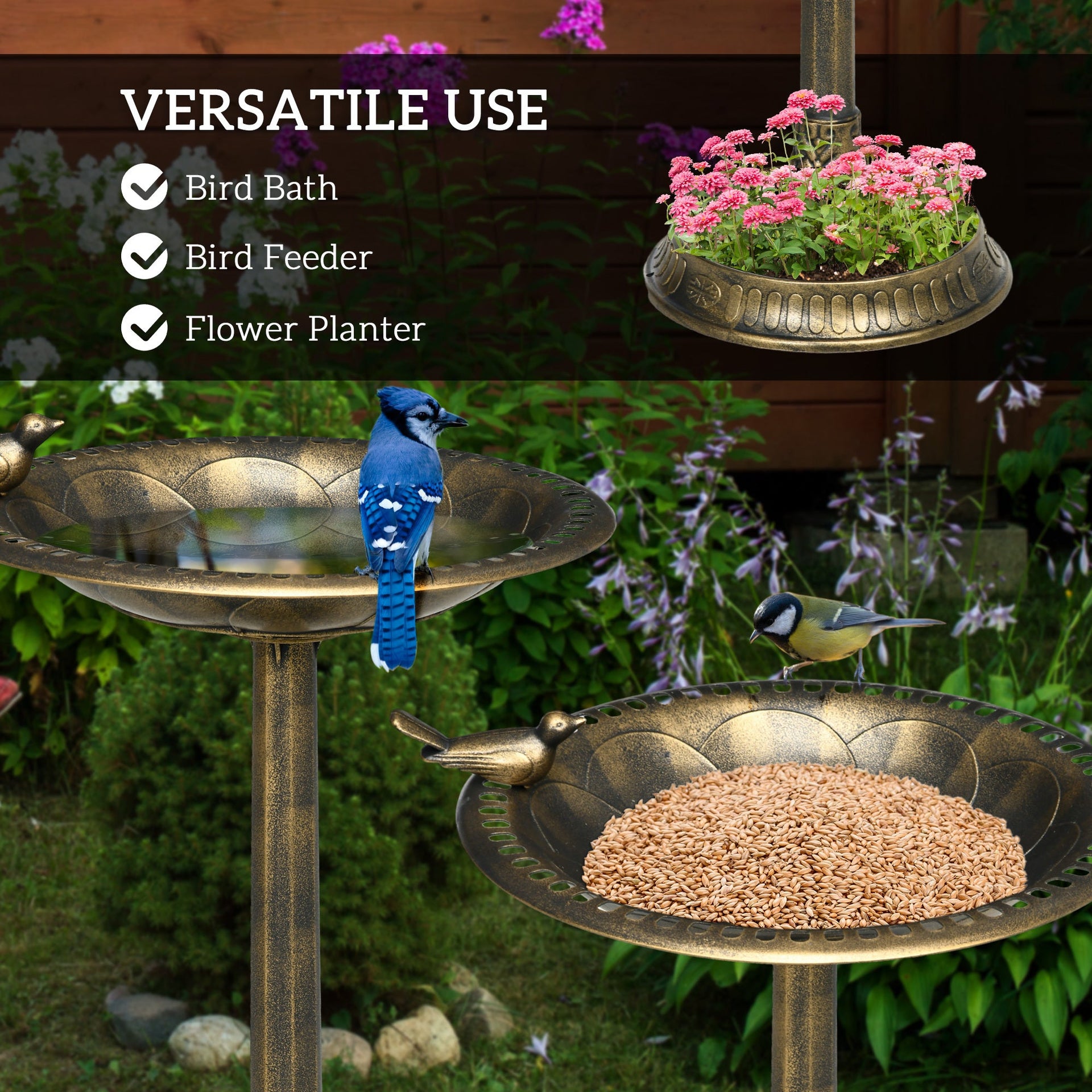 Resin Bird Bath Antique Bronze with Planter 28 Inch