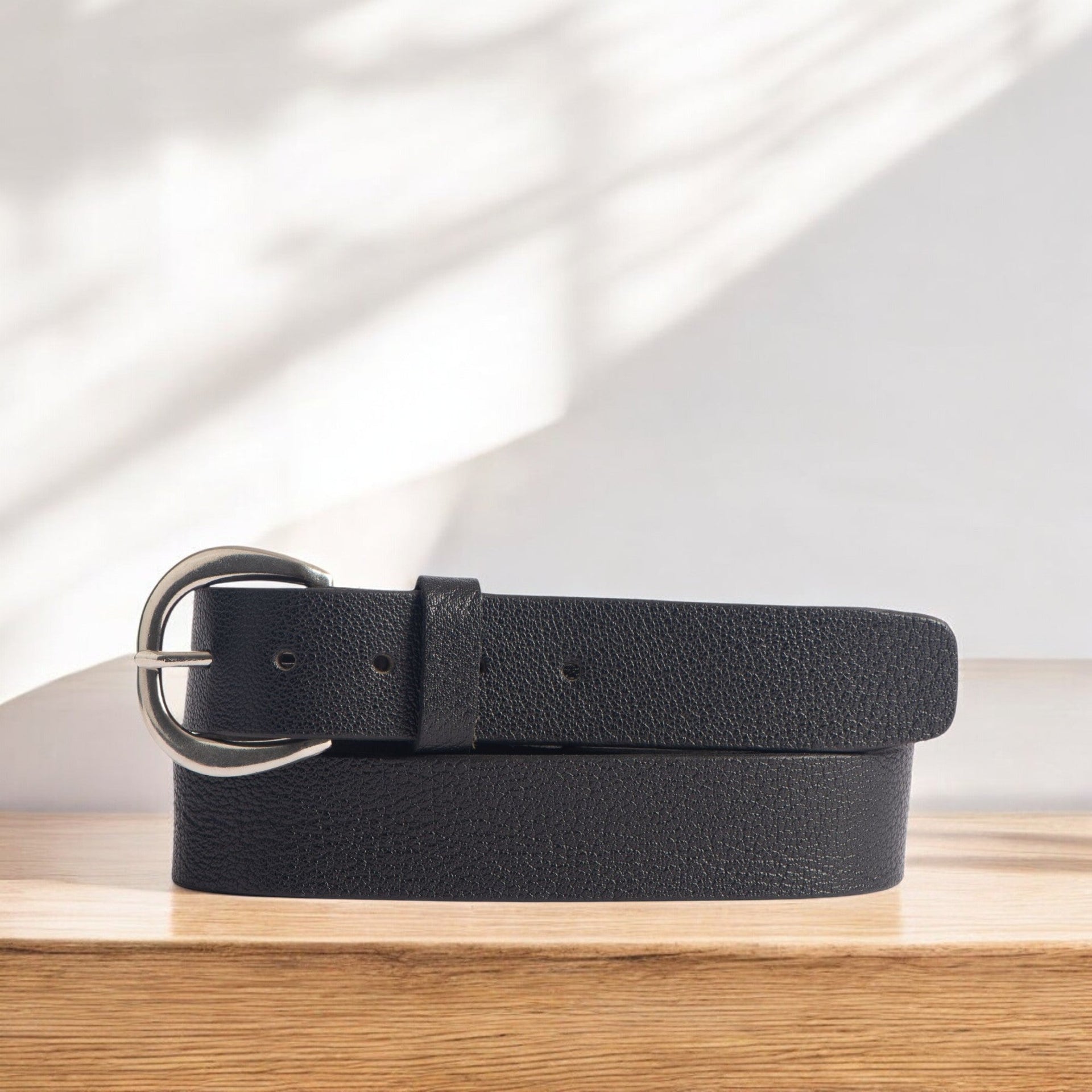 Luna - Black Bison Leather Dress Belt with Silver Crescent Buckle - Made in Canada NAB Leather