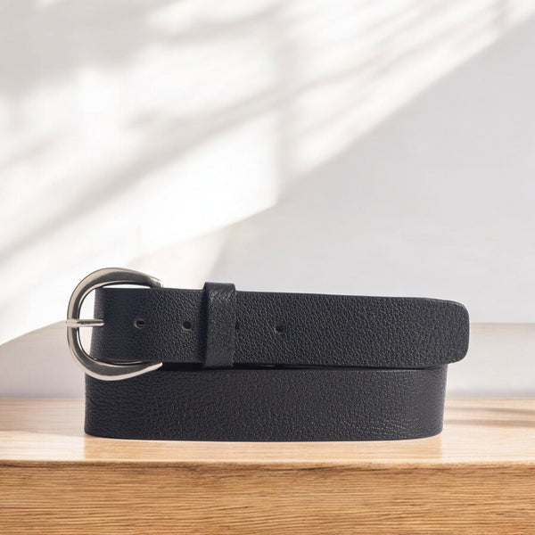 Luna - Black Bison Leather Dress Belt with Silver Crescent Buckle - Made in Canada NAB Leather