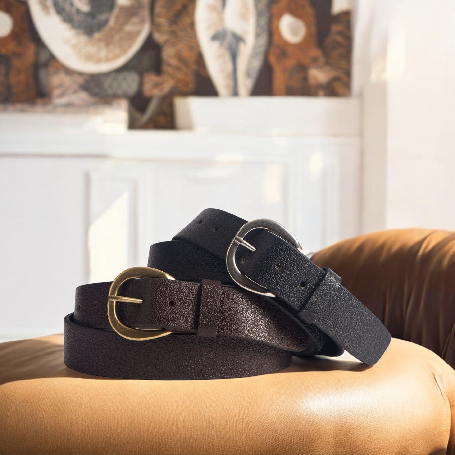 Luna - Black Bison Leather Dress Belt with Silver Crescent Buckle - Made in Canada NAB Leather