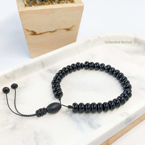 Black Aqeeq Tasbih Bracelet | Men's Prayer Beads - 33 Disc Beads, 8mm