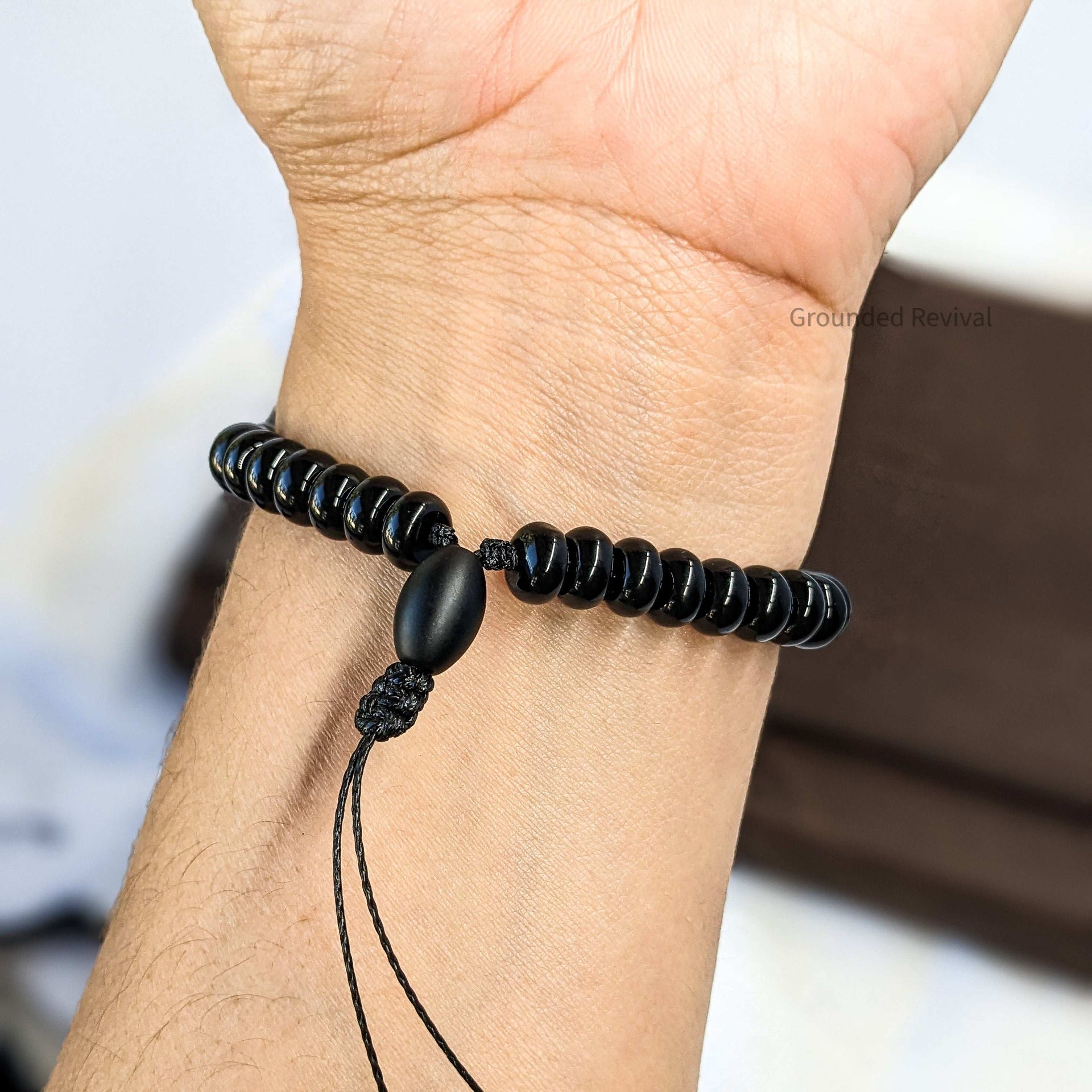 Black Aqeeq Tasbih Bracelet | Men's Prayer Beads - 33 Disc Beads, 8mm