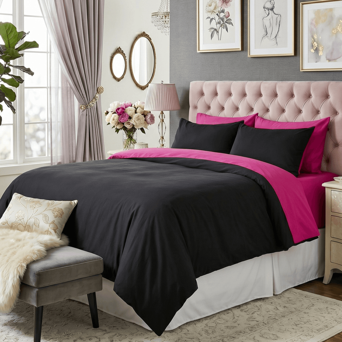 Tache Cotton Hot Pink Black Reversible Comforter Set With Zipper Cover