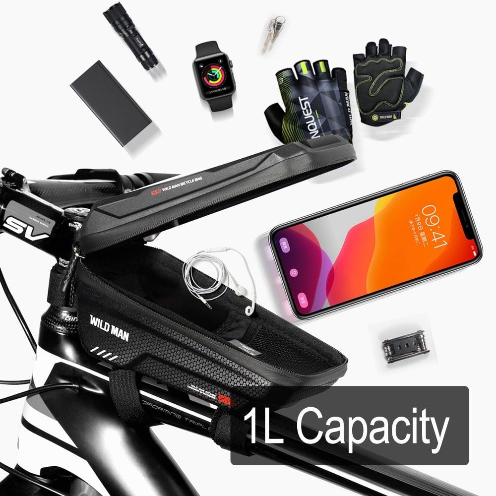 Black Bike Bag Frame Front Top Tube Cycling Bag Waterproof Phone Case Touchscreen Bag  Pack Bicycle Accessories Bike Bicycle Bag Waterproof Bike Phone Mount Bag Front Frame Top Tube Handlebar Bag Touch Screen Holder Case For Cell Phones 6.6in