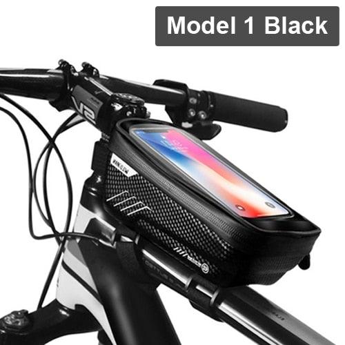 Black Bike Bag Frame Front Top Tube Cycling Bag Waterproof Phone Case Touchscreen Bag  Pack Bicycle Accessories Bike Bicycle Bag Waterproof Bike Phone Mount Bag Front Frame Top Tube Handlebar Bag Touch Screen Holder Case For Cell Phones 6.6in