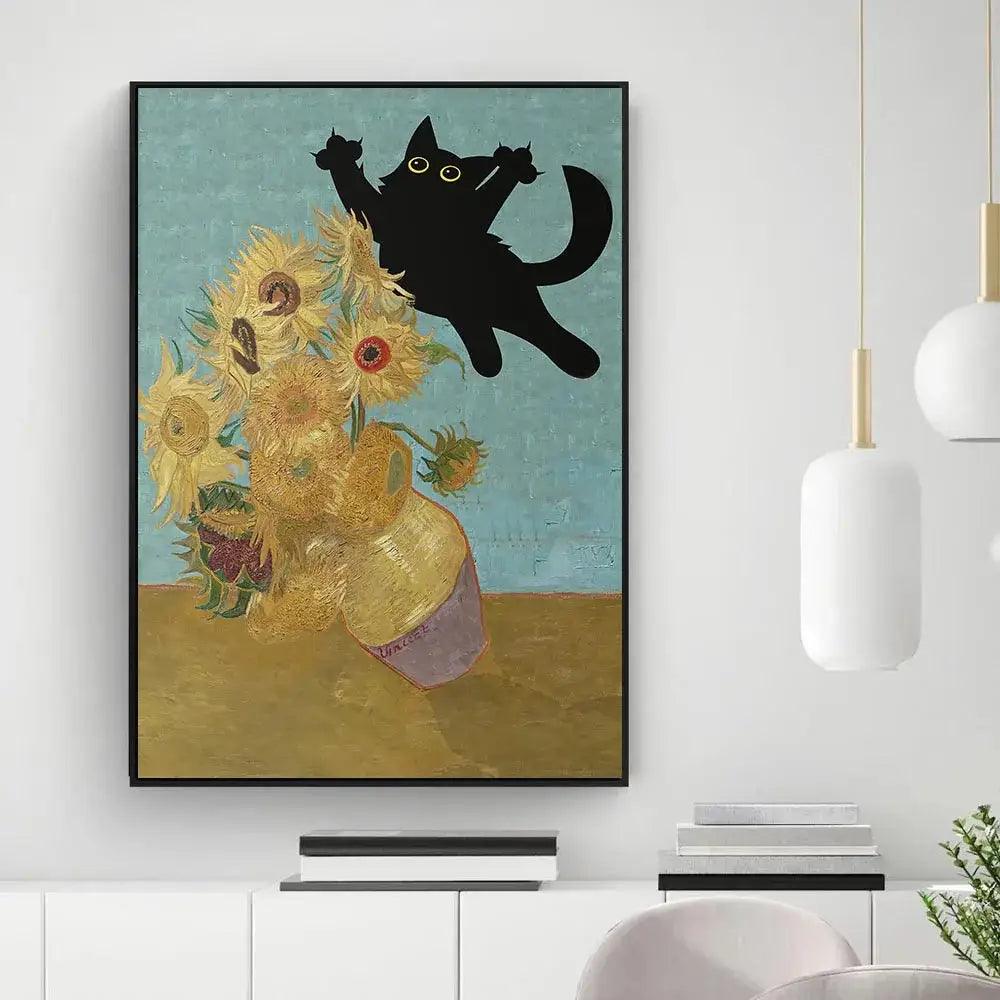 Black Cat Sunflower Canvas