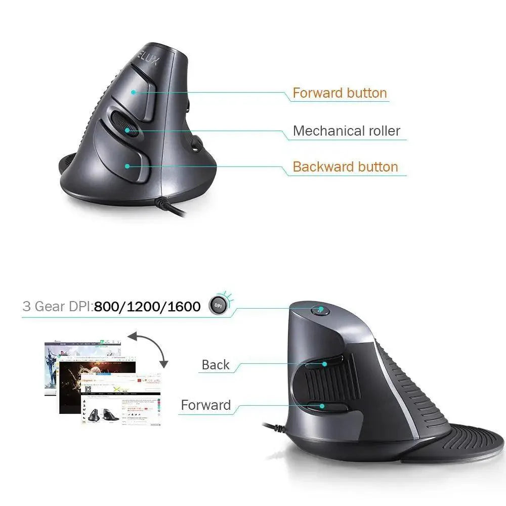 Black Ergonomic Design Office Vertical Mouse 6 Buttons 600/1000/1600 DPI Right Hand Mice With Wrist Mat Better Performance Mouse For PC Desktop Laptop