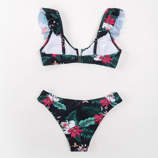 Black Floral Ruffled V-neck Bikini Sets Swimsuit Women's Bikini Swimsuits Floral Printed Bathing Suits For Women 2 Piece Bikini Women Lace Up Two Pieces Swimwear New Girl Beach Bathing Suits
