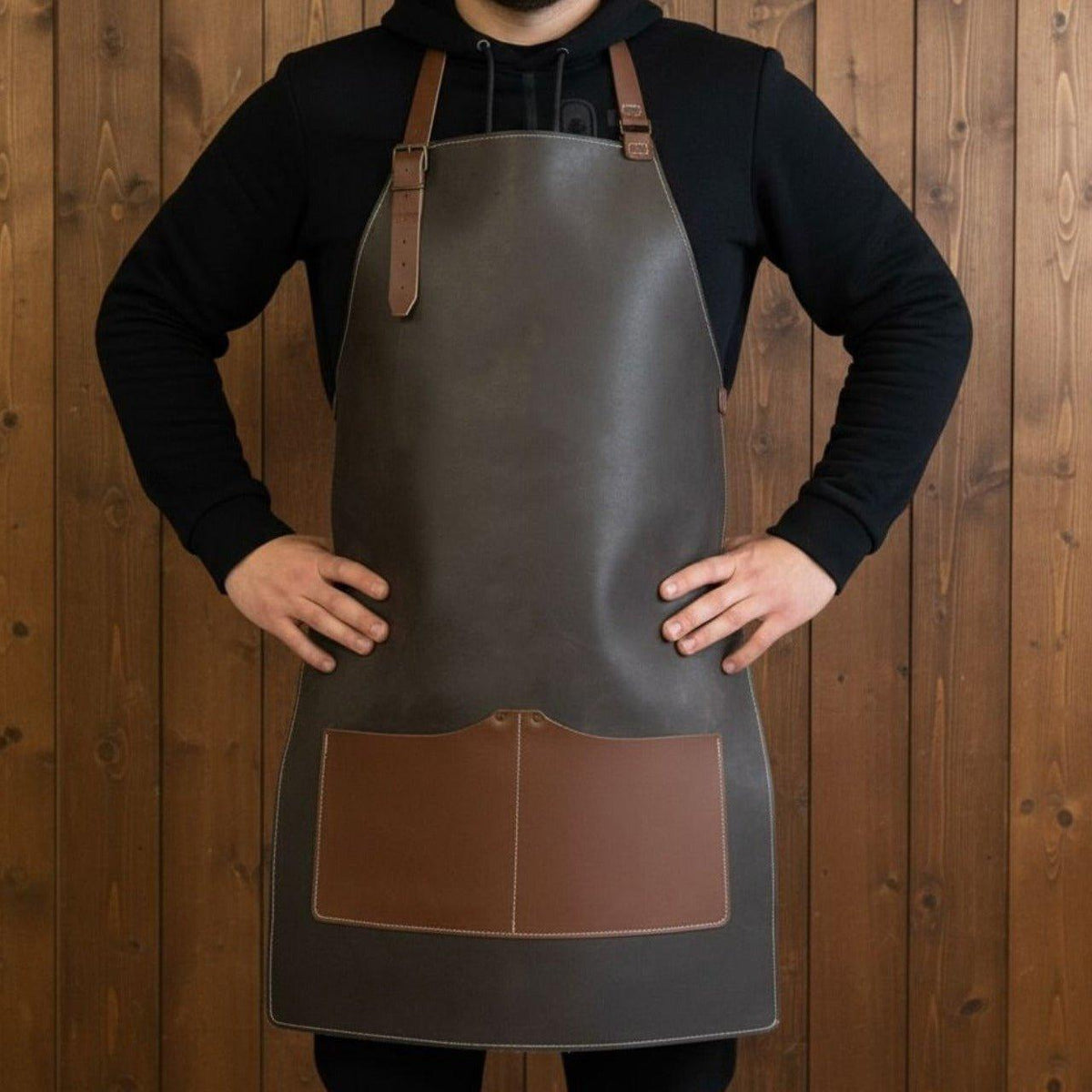 Black Leather Apron with Adjustable Straps and Pockets