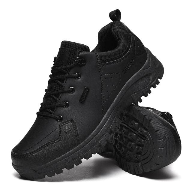Black Leather Hiking Shoes Wear Resistant Outdoor Sport Mens Shoes Lace-Up Mens Climbing Hunting Low Cut Boots Leather Walking Shoes For Outdoor Training