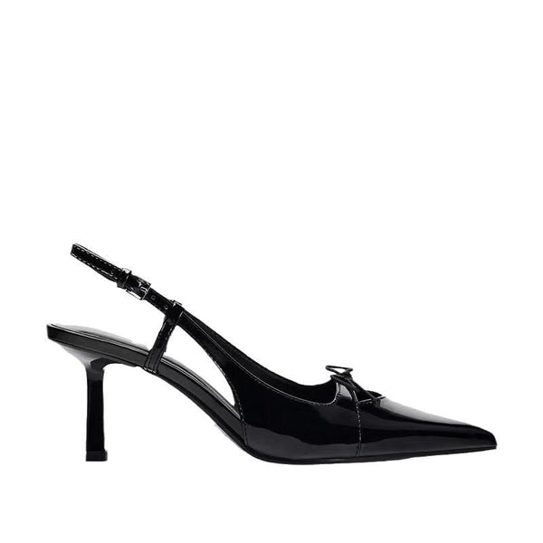 Black patent leather bow with pointed tip thin heel and a shallow strap for women's sandals