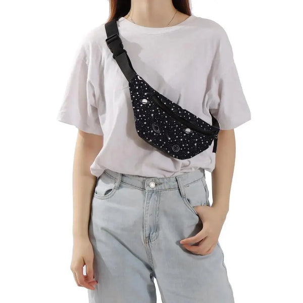 Black Starry Night Printed Fashion Fanny Pack Bum Bag For Daily Use Travel Stylish Belt Bag Waist Bag For Sports And Casual Use Festival Belt Waist Bag For Traveling