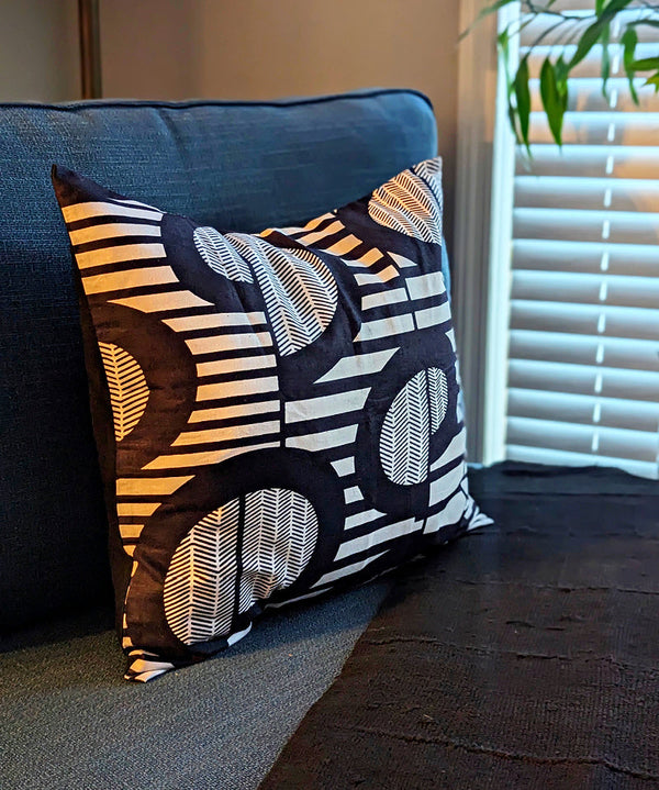 African Print Fabric Pillow Cover - Black White Abstract Pattern