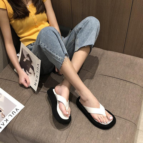 Black White Thick Bottom Flip Flops Women Famous Design Clip Toe Slippers Platform Slides Beach Comfort Thong Style Flip Flops Sandals For Women With Arch Support For Comfortable Walk